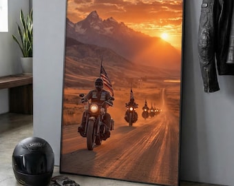 Motorcycle Convoy Poster, Patriotic Sunset Landscape Wall Art, Digital Download