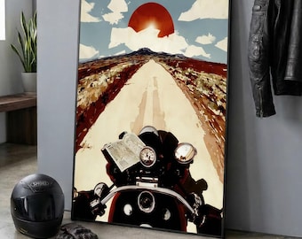 Motorcycle Poster, Open Road Sunset Printable Wall Art