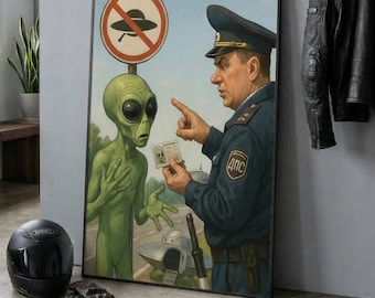 Funny Alien Poster, Surreal Sci Fi Art, Retro Space Humor (Digital Download)