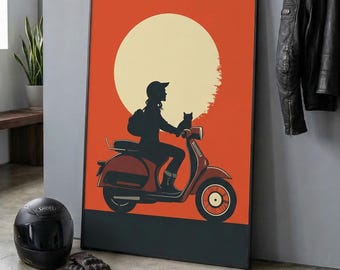 Retro Scooter Poster, Woman and Cat Printable Wall Art