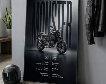 Ducati Monster Motorcycle Poster, Specs Wall Art, Modern Garage Decor (Digital Download)