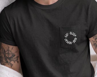 Eat Sleep Ride Repeat Pocket Tee, Motorcycle Shirt, Biker Gift