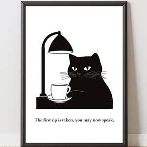 Coffee Cat Wall Art, Funny Black Cat Print, Minimalist Kitchen Poster, Aesthetic Cafe Decor, Digital Download