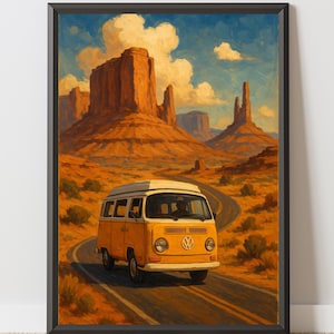 Retro Van Road Trip Poster - Desert Landscape VW Camper Art - Vintage Adventure Wall Decor - Digital Download