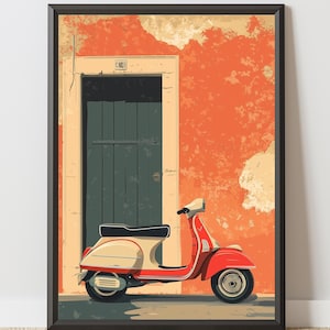 Vespa Wall Art, Vintage Scooter Poster, Italian Retro Print, Minimalist Motorcycle Art, Digital Download
