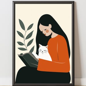 Reading Woman Cat Art, Minimalist Book Lover Print, Cozy Aesthetic Poster, Modern Wall Decor, Digital Download