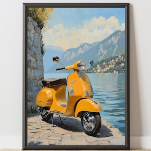 Vintage Vespa Wall Art, Retro Scooter Painting, Italian Landscape Print, Classic Motorcycle Poster, Digital Download