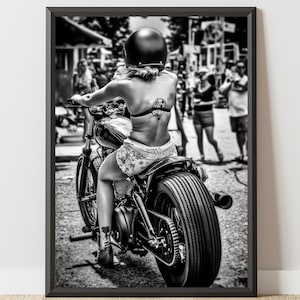 Biker Girl Poster – Black and White Motorcycle Wall Art, Bold Feminine Digital Print