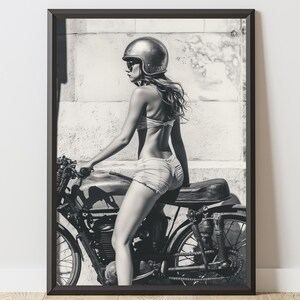 Vintage Biker Girl Poster – Retro Motorcycle Wall Art, Black & White Digital Print