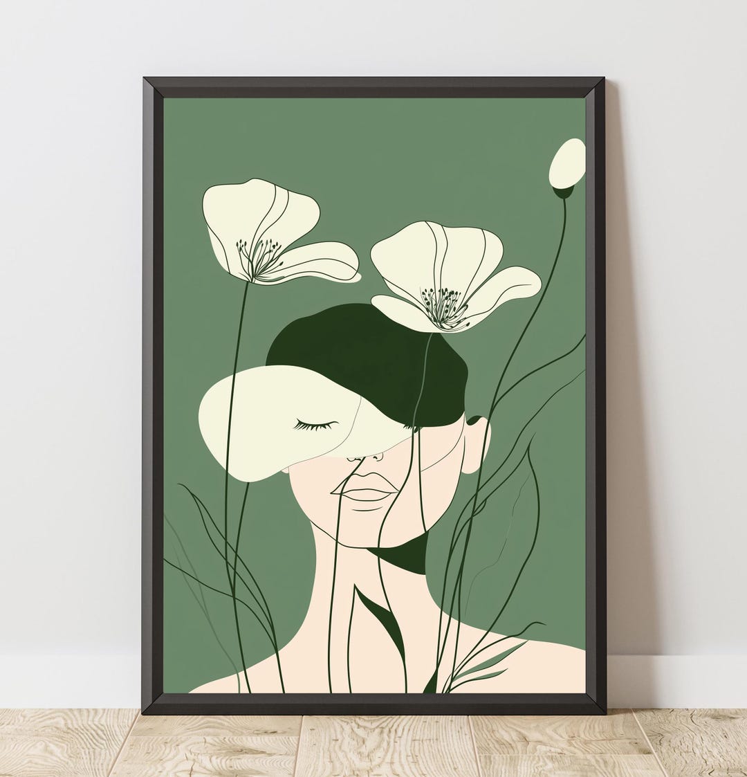Minimalist Woman Floral Line Art Print: Modern Green Poster (digital ...