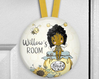 Personalized baby name sign for nursery girl, Little girl bedroom decor with cute Bumble Bee art print, door hanger name plaque HAN-PERS-65