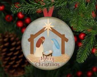 Nativity Scene Ornament. Baby Jesus in a Manger Christmas Tree Decoration for the Xmas Holidays - CHR-ORN-20