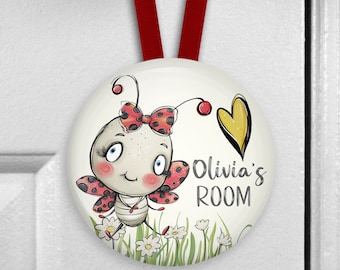 Personalized baby name sign for nursery girl, Little girl bedroom decor with cute Ladybug art print, door hanger name plaque HAN-PERS-55