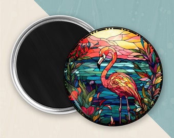 Large round fridge magnet with Pink Flamingo Art print. Kitchen art bird decoration for small kitchens. Housewarming gift for friend-MA-1929