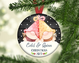 Unbreakable personalized Christmas ornaments for Twins. Baby's first Christmas ornament. Baby gnomes Christmas decorations - ORN-PERS-44