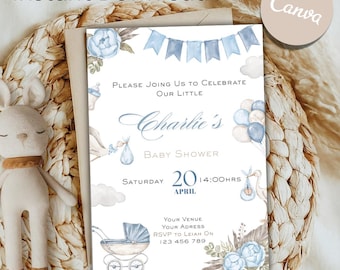 Modèle d'Invitation de baby shower cigogne bleue : éditable en téléchargement numérique