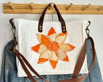 ONE Sunflower Vintage Quilt Tote, Boxy Tote, Quilted Bag, Knitting Bag, Project Bag, Repurposed, One of a Kind