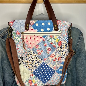 Repurposed Vintage Quilt Bible Bag, Crossbody Mini-Tote Vintage Denim Flower