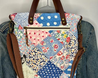 Repurposed Vintage Quilt Bible Bag, Crossbody Mini-Tote Vintage Denim Flower