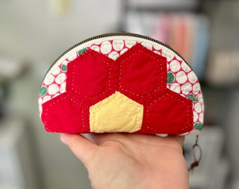 One Zippered pouch,  Coin pouch, Taco/Dumpling shape, Vintage quilt Repurposed Upcycled