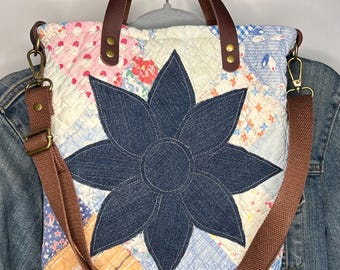 Repurposed Vintage Quilt Bible Bag, Crossbody Mini-Tote, Vintage Denim Flower