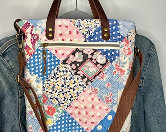 Repurposed Vintage Quilt Bible Bag, Crossbody Mini-Tote Vintage Denim Flower