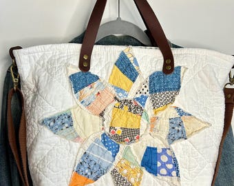 ONE Sunflower Vintage Quilt Tote, Quilted purse, Quilted Bag, Knitting Bag, Market Bag, Project Bag, Repurposed, One of a Kind