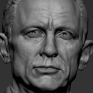 May include: A close-up of a man's face, rendered in a 3D model. The model shows realistic detail, including wrinkles and pores.