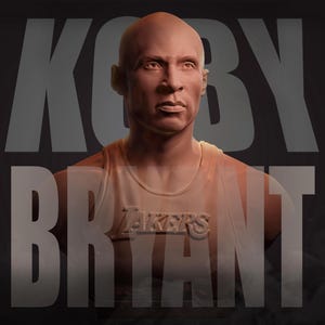 May include: A bust of Kobe Bryant, rendered in a realistic style. The sculpture depicts Bryant wearing a Lakers jersey, with the team name prominently displayed. The background features the name "KOBY BRYANT" in a faded, stylized font.
