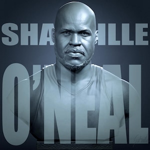May include: A gray bust sculpture of Shaquille O'Neal, a famous basketball player. The sculpture is in a realistic style and shows O'Neal in a basketball jersey.