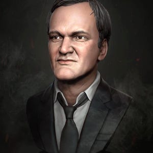 Puede incluir: Una escultura de busto de un hombre con el pelo corto y oscuro. Lleva un traje negro con camisa blanca y corbata negra. El busto está sobre una base negra.