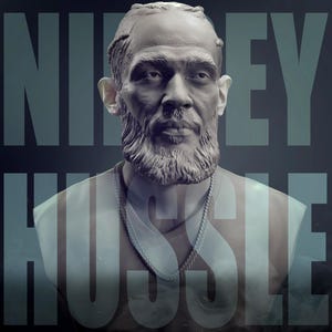 May include: A gray bust sculpture of a man with a beard and short hair. The sculpture is against a dark gray background with the words "Nipsey Hussle" in large white letters.