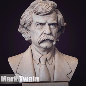 May include: A light beige bust of Mark Twain, featuring a detailed depiction of the author with a large moustache and wavy hair. He is wearing a suit and tie. The text "Mark Twain" is at the base of the sculpture. The bust is set against a dark background.
