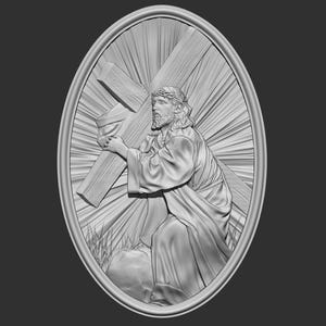 May include: A white, three-dimensional sculpture of a man carrying a cross. The sculpture is set against a background of radiating lines, creating a sense of movement and drama.