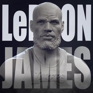 May include: A black and white bust sculpture of LeBron James wearing a basketball jersey with the word "LAKERS" on it. The bust is against a black background with the words "LeBron James" in white text.