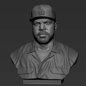 May include: A grayscale bust sculpture of a person wearing a baseball cap with the letters "LA" on the front. The person is wearing a collared shirt.