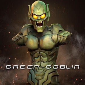 May include: Green Goblin bust figurine with a menacing expression, wearing a green and gold suit with a detailed design. The bust is set against a dark background with smoke and fire.
