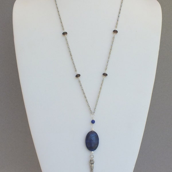Collier en argent avec pendentif lapis lazuli, quartz fumé à facettes et Sterling SilverTurkish pompon-PN 103-réservé pour JJKENDALL