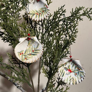 Set of 3 Scallop Shell Hand Made Ornaments with Pine and Holly, free shipping