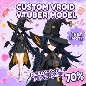 May include: A custom VRoid VTuber model featuring an anime-style character with long black hair, wearing a black witch hat with a yellow eye, a black dress with yellow accents, and feathered sleeves. Text reads: CUSTOM VROID VTUBER MODEL, FREE EMOTE, READY TO USE FOR STREAMING, 70%.