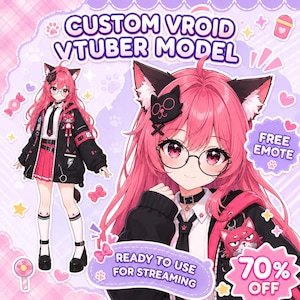 May include: A digital illustration of a custom Vroid Vtuber model featuring a character with bright pink hair, cat ears, and round glasses. The character wears a black jacket, white shirt, black tie, and pink pleated skirt. Text includes CUSTOM VROID VTUBER MODEL, READY TO USE FOR STREAMING, and FREE EMOTE.