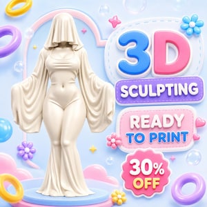 Puede incluir: Una figura esculpida en 3D de color crema que viste una túnica con capucha y mangas anchas, sobre una base circular. La imagen incluye el texto 3D SCULPTING, READY TO PRINT y 30% OFF, rodeado de formas 3D coloridas y flores decorativas.