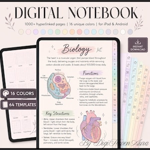 May include: A digital notebook for iPad and Android featuring 1000+ hyperlinked pages, 16 colors, and 64 templates. The screen displays a biology study page with diagrams of a cell and a heart, including text about functions and key structures.