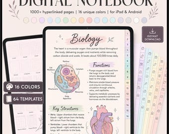 Può includere: Un taccuino digitale per iPad e Android con oltre 1000 pagine ipercollegate, 16 colori e 64 modelli. Lo schermo mostra una pagina di studio di biologia con diagrammi di una cellula e di un cuore, incluso testo sulle funzioni e le strutture.