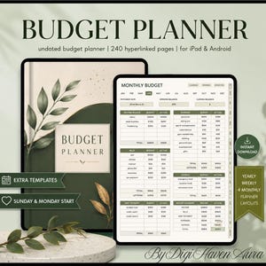 May include: A digital budget planner for iPad and Android featuring 240 hyperlinked pages. The cover is dark green with gold leaf accents and the text BUDGET PLANNER. The interior displays a monthly budget template with columns for income and expenses.