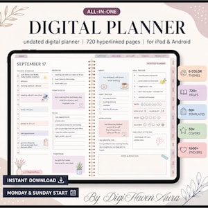 May include: A digital planner on a tablet screen, showcasing a daily schedule, priorities, and habit tracker. The planner offers 720+ pages, 80+ templates, 50+ covers, and 1600+ stickers. The design is in soft colors with a floral accent.