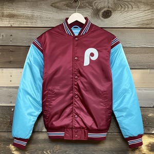 Philadelphia Phillies Varsity Jacket Maroon SkyBlue Satin Jacket Baseball Jacket Team Varsity Jackets Letterman Jacket Custom Varsity Jacket