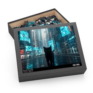 Black Cat in Cyberpunk City Puzzle (120, 252, 500-Piece)