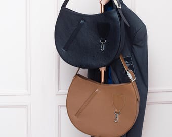 Black Leather Shoulder Bag — Half Moon Handbag with Front and Back Pockets, Structured Everyday Purse, Minimal Curved Design
