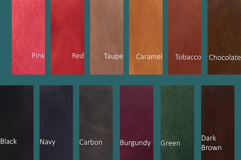 Puede incluir: Una paleta de colores con muestras de rosa, rojo, taupe, caramelo, tabaco, chocolate, negro, azul marino, carbono, borgo&ntilde;a, verde y marr&oacute;n oscuro. Cada color est&aacute; etiquetado.